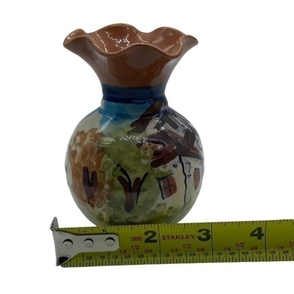 Vintage Mexican Hand Painted Pottery Vase with Ruffle Top Art Deco
